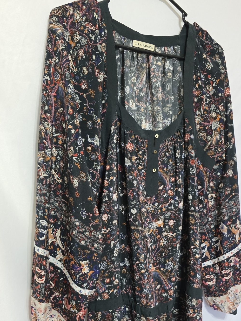 Ulla Johnson Black Floral Long-Sleeve Midi Dress 100% Silk - Picture 2 of 7